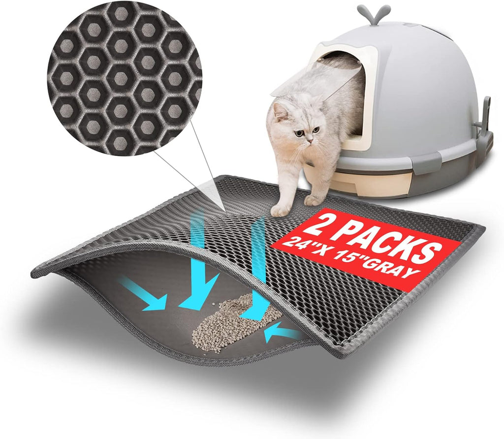 Pieviev Double Layer Cat Litter Mat Traps Scattered Litter 24''x15'' 2 Pack | Waterproof Urine Resistant Layer Litter Box Mat, Easy Collection, Soft on Kitty Paws, Gray Color for Indoor Cats
