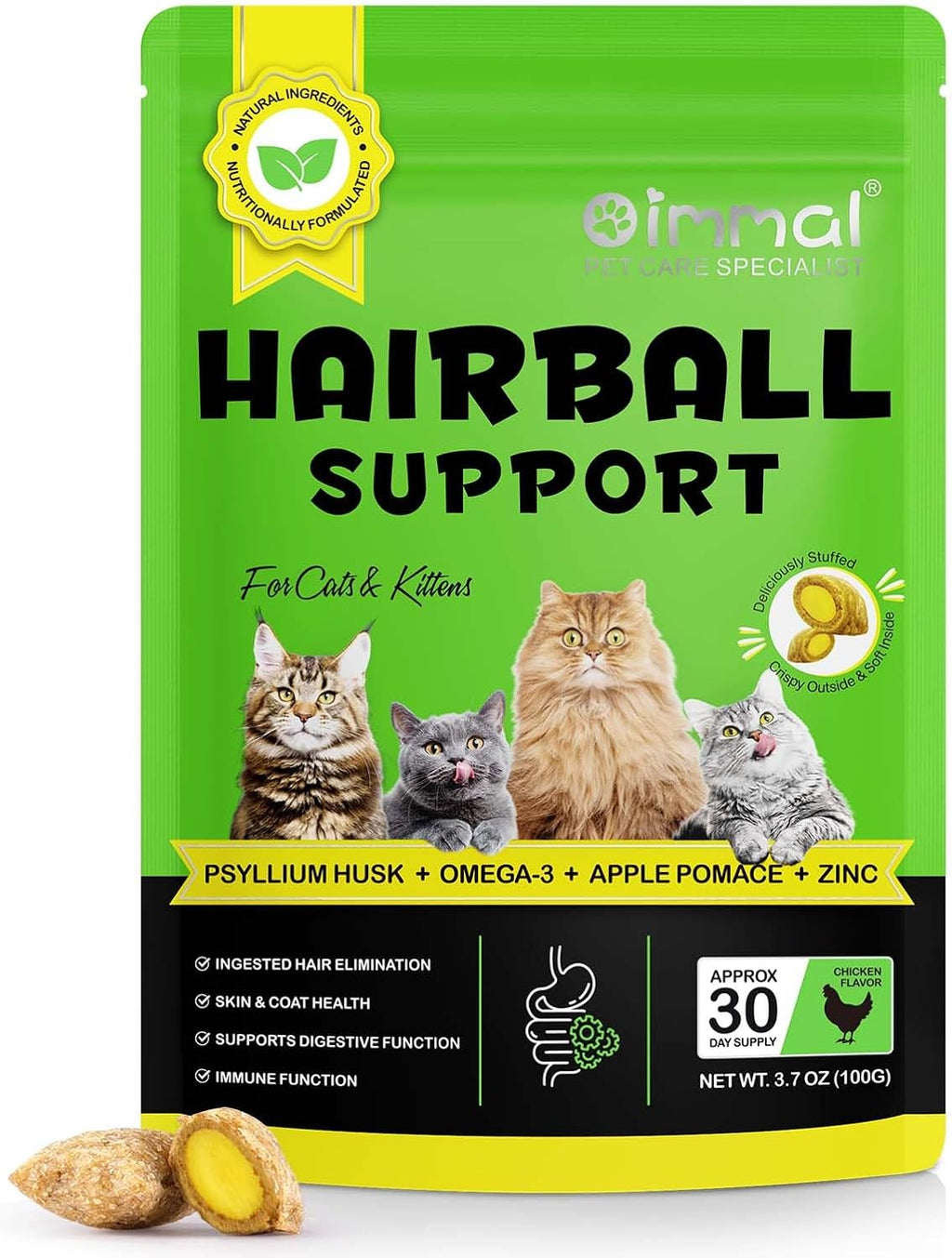 Cat Hairball Support Crunchy & Creamy Chews,Omega 3 & Zinc for Healthy Skin & Coat, Tasty Chicken Flavor,Supports Skin & Coat, Digestion,30-Day Supply