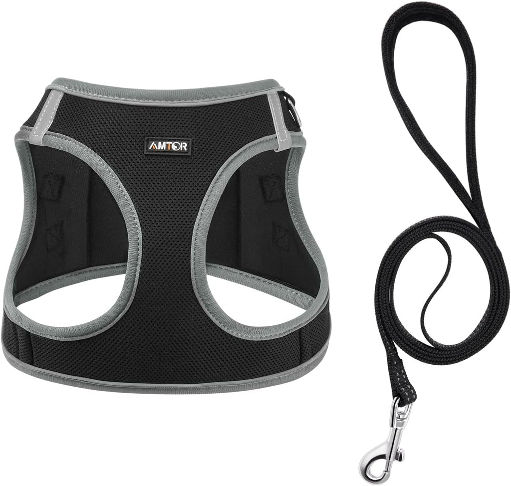 AMTOR Small Dog Harness with Leash Set, No Escape Easy Walk Puppy Harnesses for Training Walking, Step-in Reflective Soft Dogs Vest for XS S Medium Extra-Small Large Sized Dog(Black/Grey,XXS)