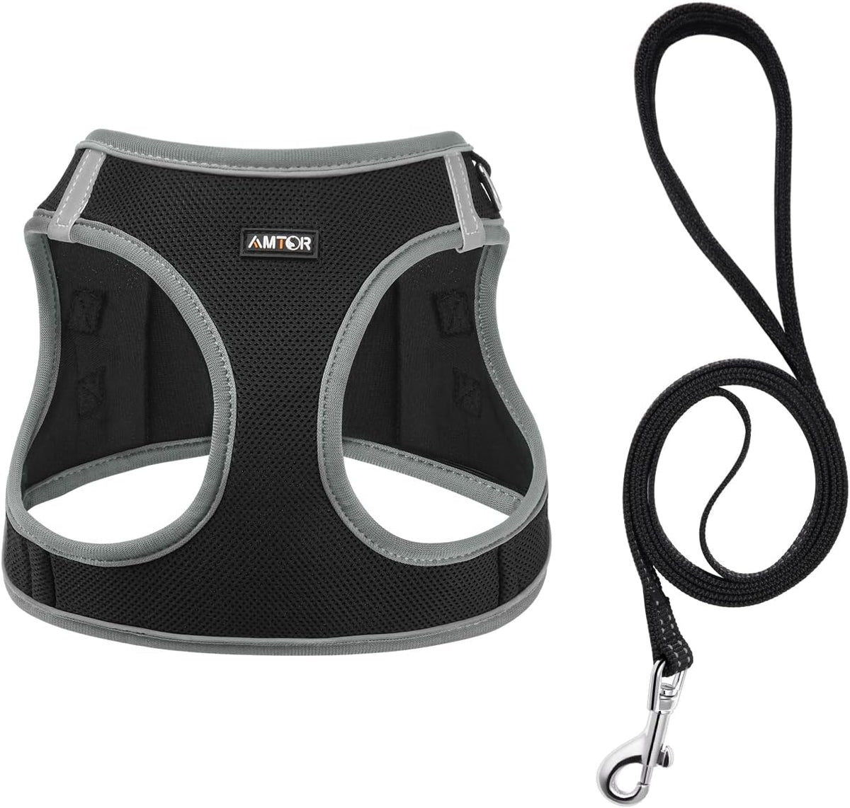 AMTOR Small Dog Harness with Leash Set, No Escape Easy Walk Puppy Harnesses for Training Walking, Step-in Reflective Soft Dogs Vest for XS S Medium Extra-Small Large Sized Dog(Black/Grey,XXS)