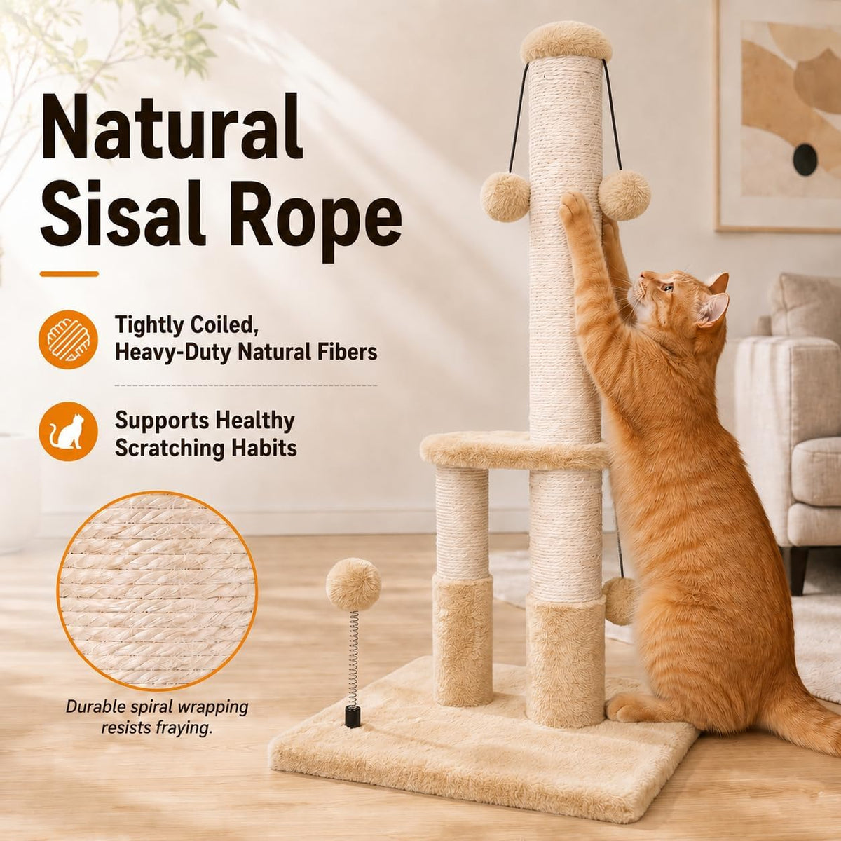 Dimaka Tall Cat Scratching Post, Double Lower Posts Extra Stable Cat Post Tree Scratcher with Sisal Rope and Teasing 4 Balls Total Large Base (Light Brown)