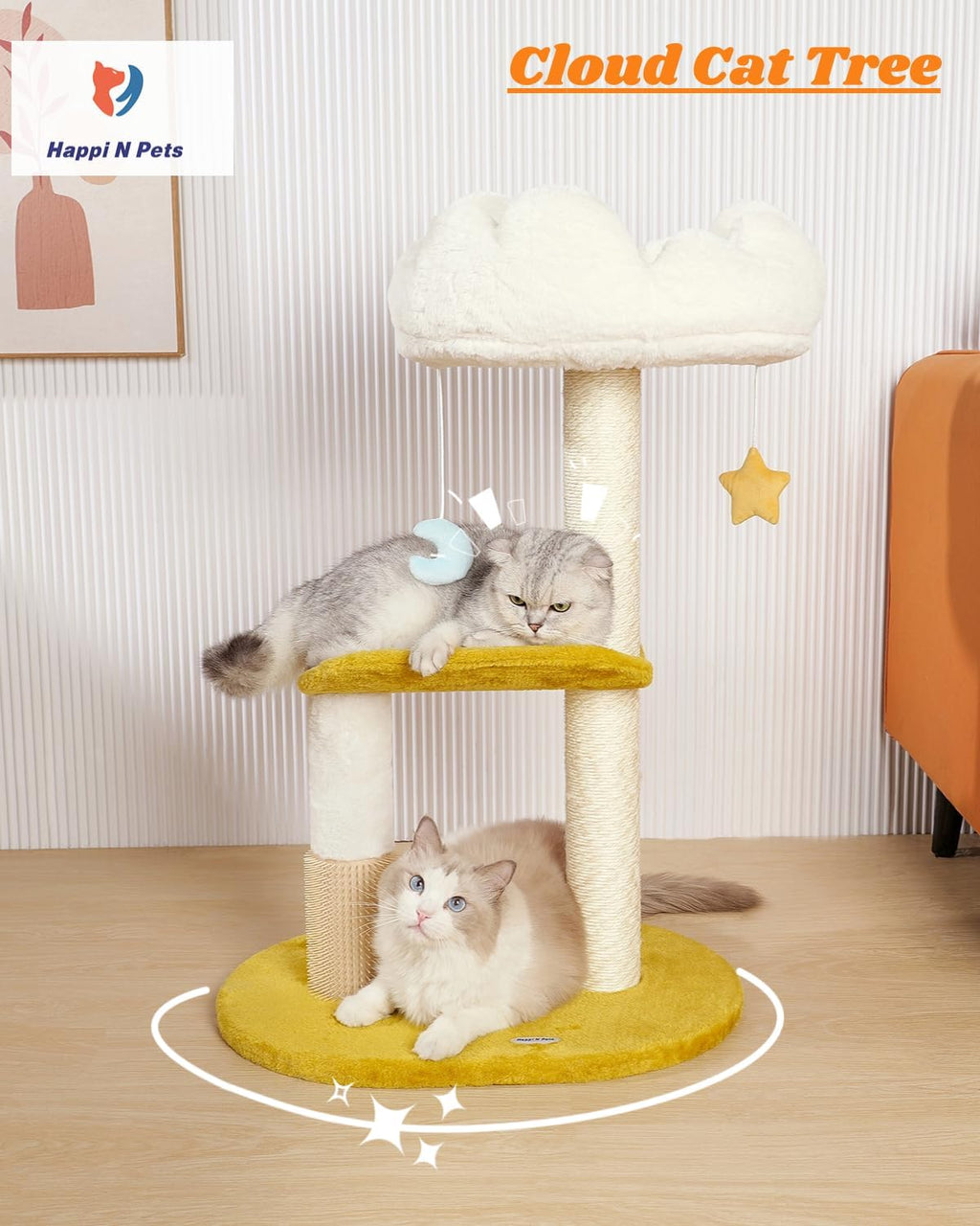 Happi N Pets Cloud Cat Tree, 31.5in Multi-Level Indoor Cat Tower with Scratching Posts, Viewing Perch, Removable & Washable Cushions, Cat Activity Tree with Dangling Toy