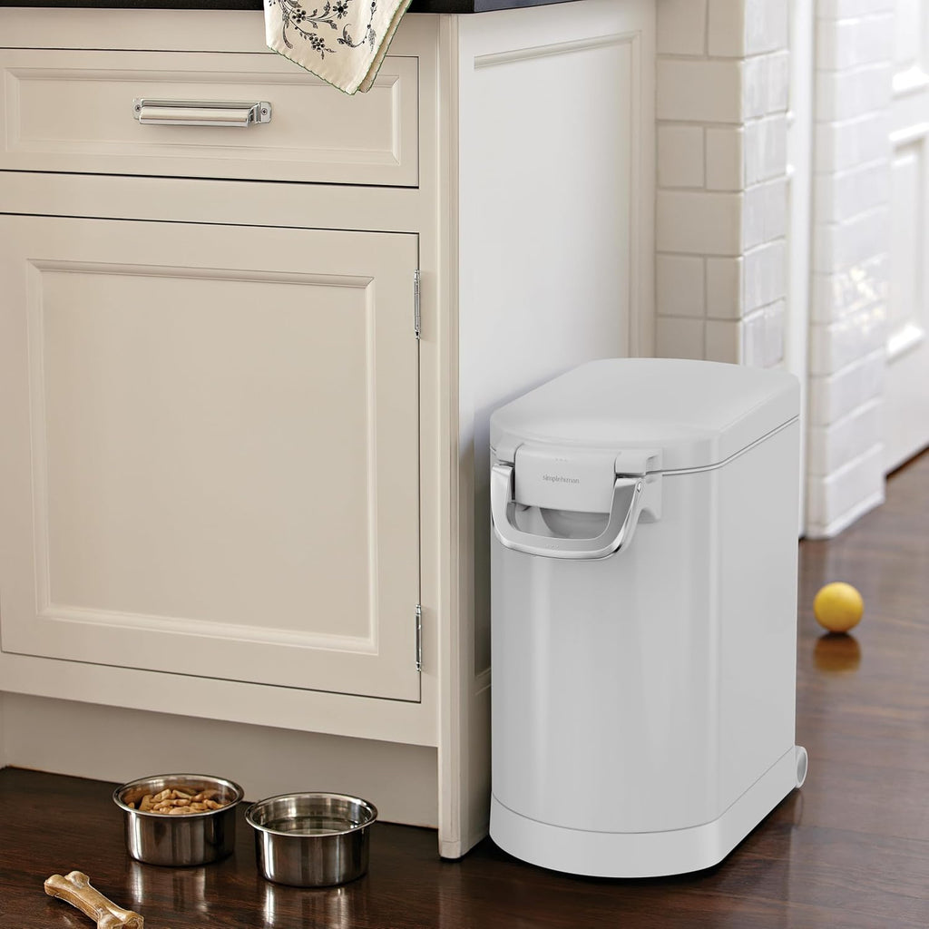 simplehuman Medium Pet Food Storage Container, Holds 25-29 lb / 11-13 kg of Dry Dog Food, Cat Food, or Bird Seed, Airtight Lock-Tight Lid with Magnetic Scoop, BPA-Free, White Steel