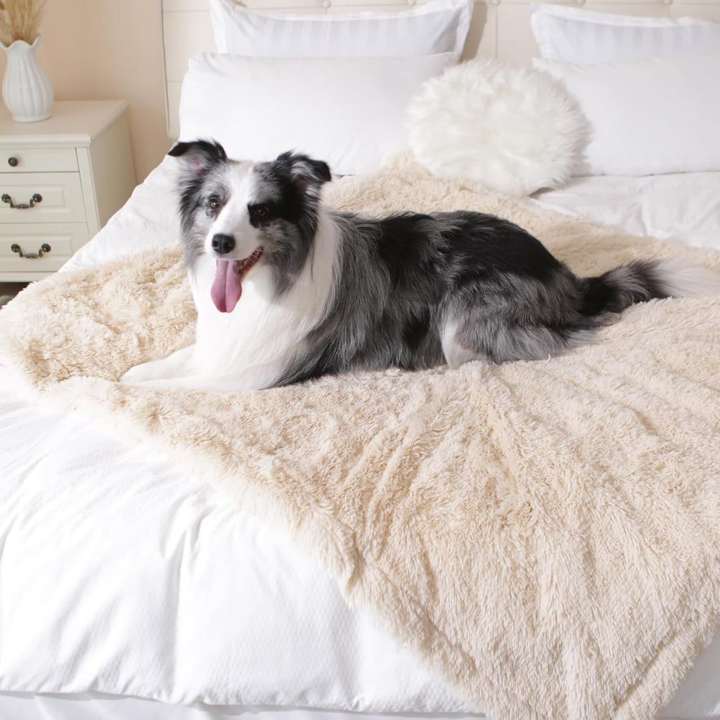 gogobunny Waterproof Dog Blanket for Couch & Furniture Protection - Super Soft Reversible Throw for Large Dogs & Cats, Calming Washable Fur & Sherpa Pet Blanket(33x77 Inch, Beige)