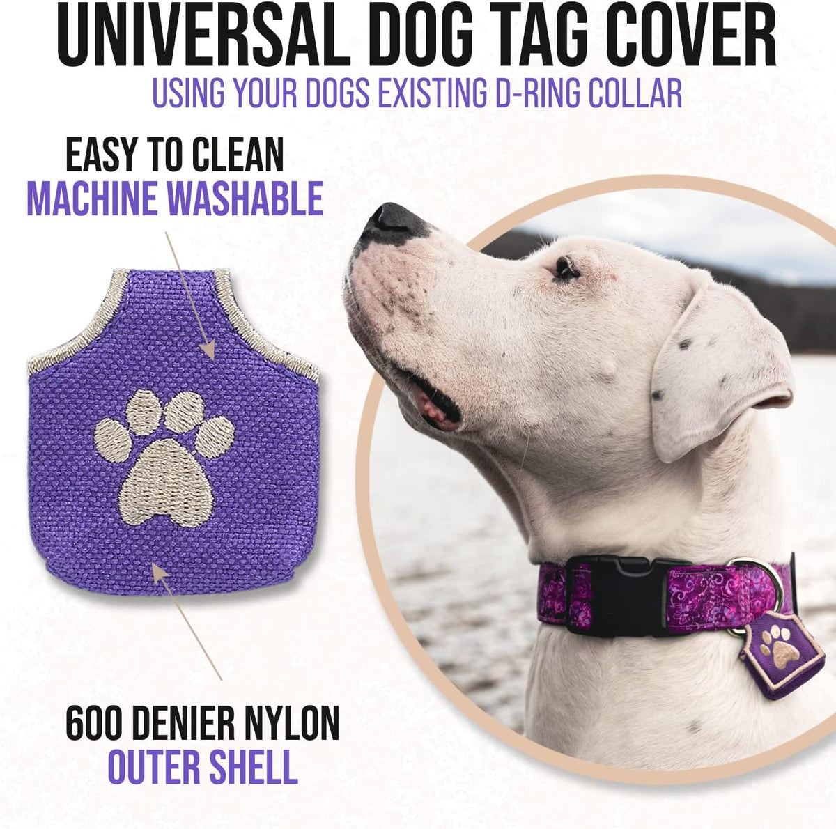 Woofhoof Dog Tag Silencer, Purple Pawprint - Quiet Noisy Pet Tags - Fits Up to Four Pet IDs - Dog Tag Cover Protects Metal Pet IDs, Made of Durable Nylon, Universal Fit, Machine Washable