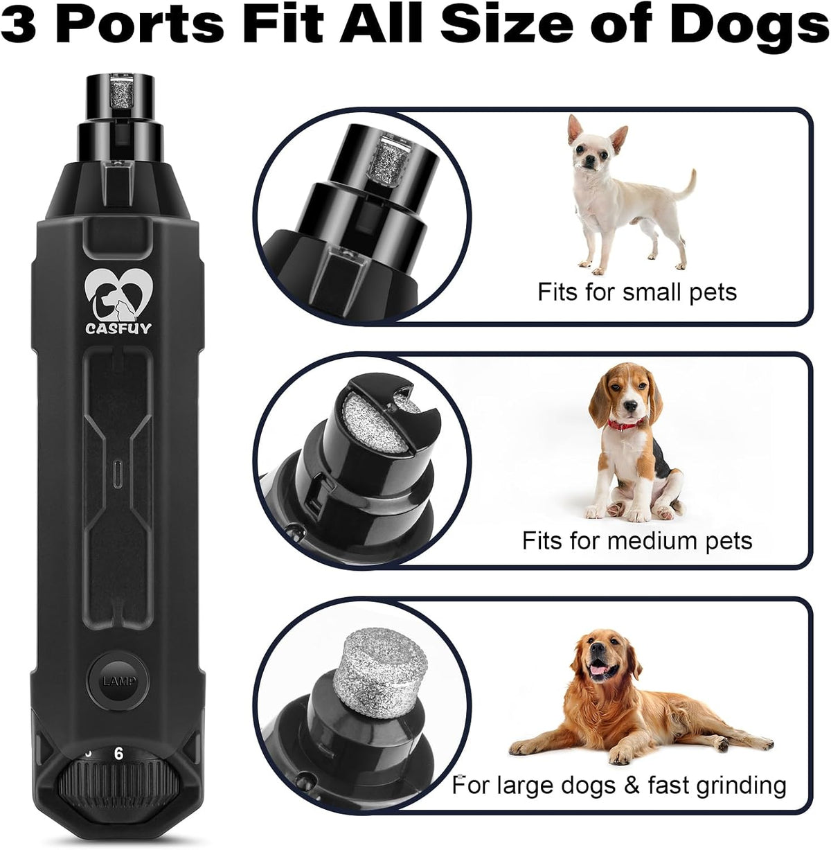 Casfuy 6-Speed Dog Nail Grinder - Newest Enhanced Pet Nail Grinder Super Quiet Electric Dog Nail Trimmer Rechargeable Painless Paws Grooming & Smoothing Tool for Large Medium Small Dogs (Grey)