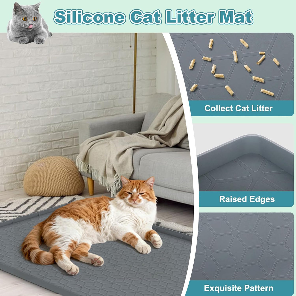 MECHEER Cat Litter Mat Litter Trapping Mat, Silicone Cat Litter Box Mats for Floor, Non-Slip Litterbox Mat with Raised Edge, Easy Clean Pet Feeding Mat for Indoor Cats 34" X 22" Gray