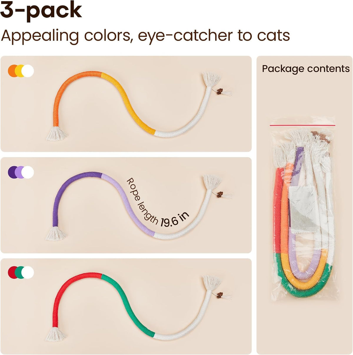 Potaroma Cat Toys Chew Ropes 3Pcs with Refillable Natural Catnip | Safe Teeth Cleaning & Teething for Indoor Kittens, Interactive Cat Nip Kitty Toys for All Breeds 19.5 Inches