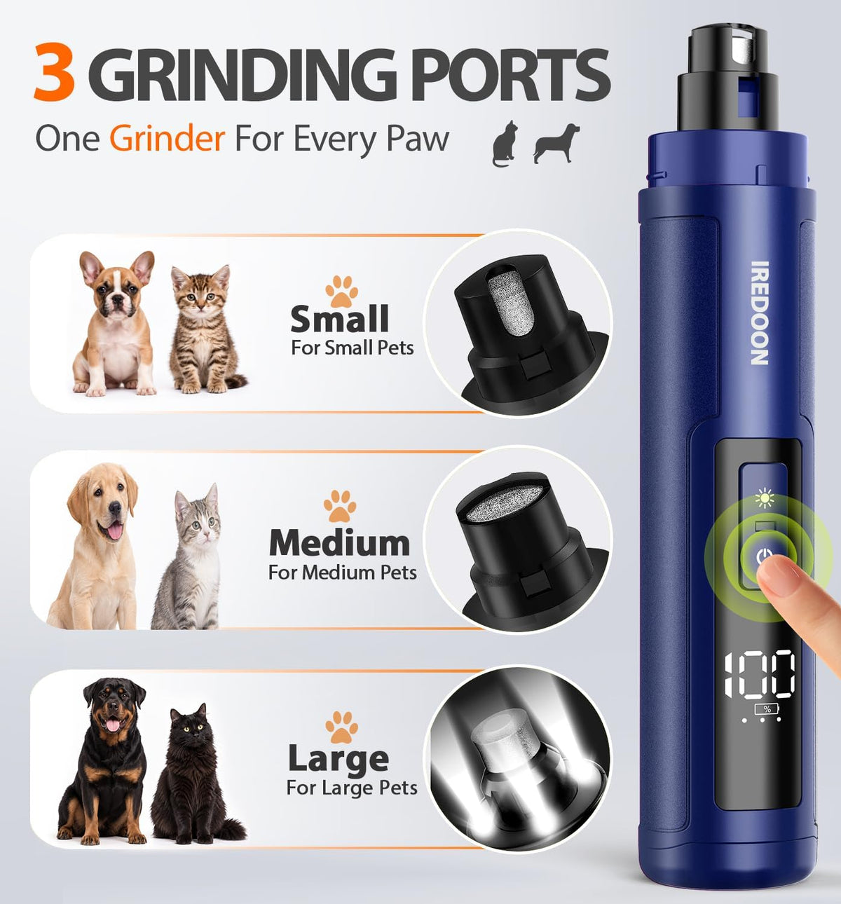 IREDOON Dog Nail Grinder with 4 LED Lights, 3 Speeds Super Quiet for Pets