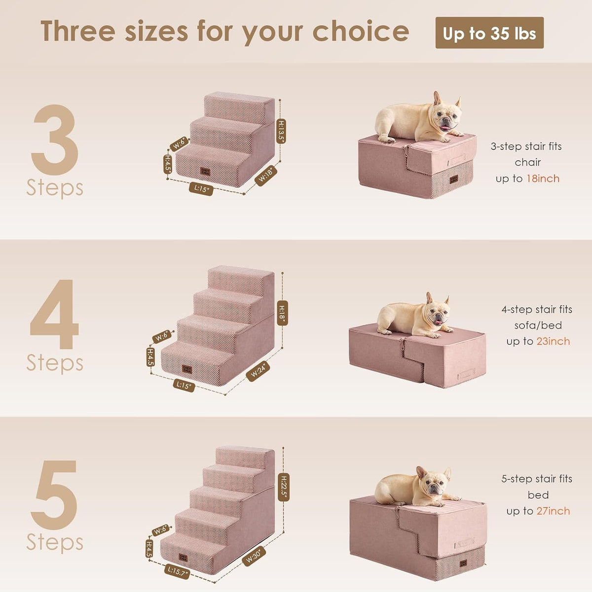 EHEYCIGA Dog Stairs for Small Dogs 13.5" H, 3-Step Dog Steps for Cats, Pink