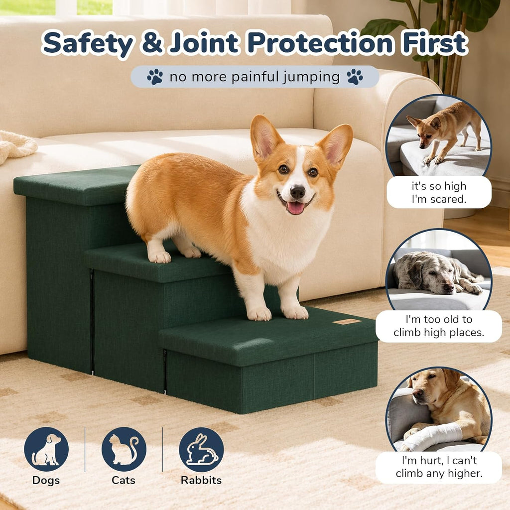 3-Step Wide Dog Stairs with Hidden Storage 18" H, Non-Slip Dog Steps for High Bed Couch Window Car, Jiont-Friendly Pet Stairs Ramp for Small/Medium/Large Old Dogs Cats Up to 200lbs, Dark Green