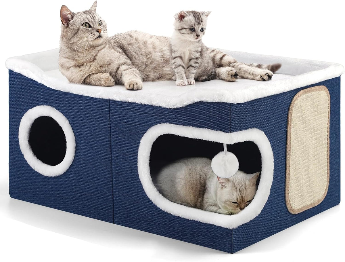 Shikha Extra Large Cat House Bed for Multi Cats with Scratch Pad Blue