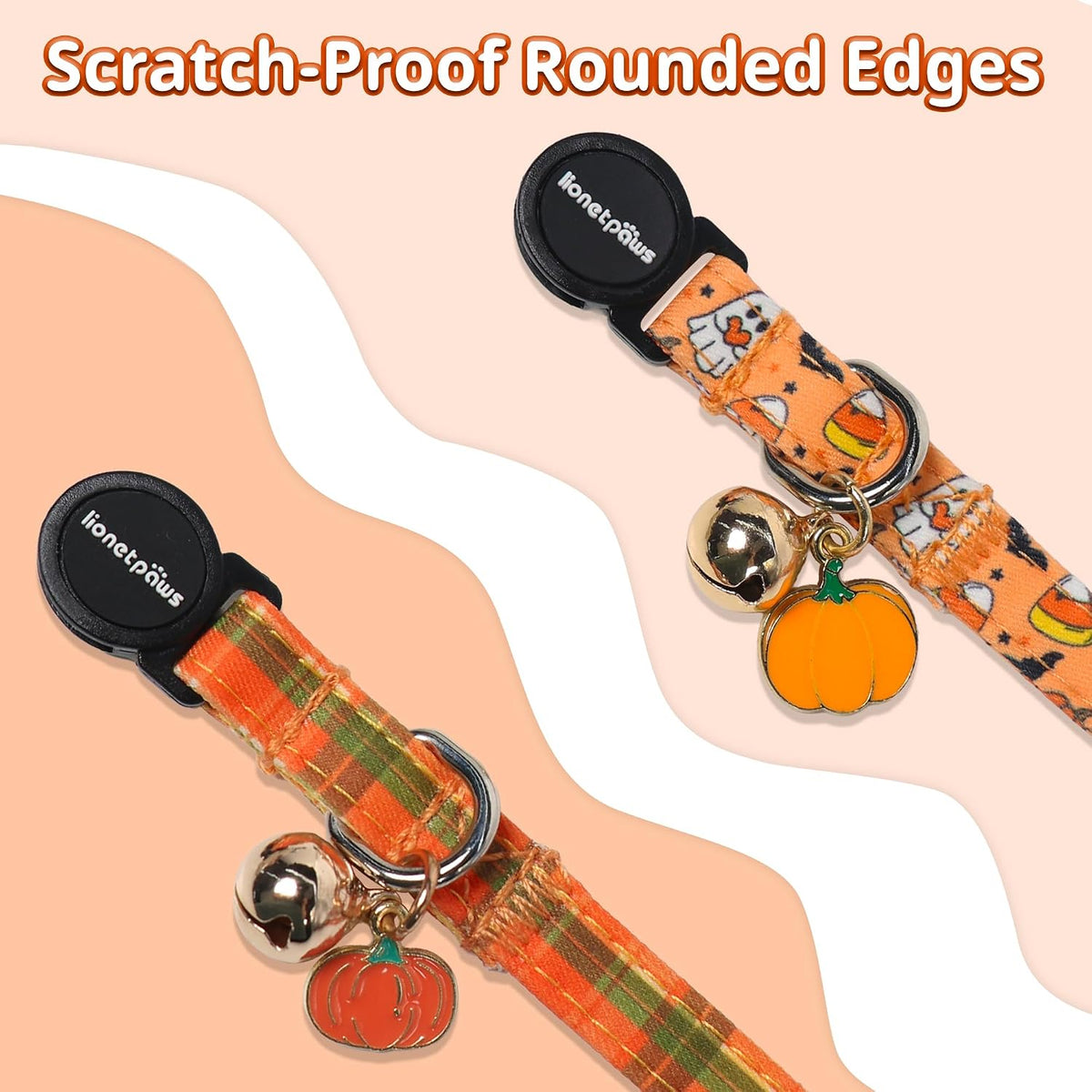 LIONET PAWS 2 Pack Breakaway Cat Collars, Cute Soft Cotton Halloween Orange Pumpkin Ghost & Fall Plaid Kitten Collars with Bell & Charm for Boy Girl Cats