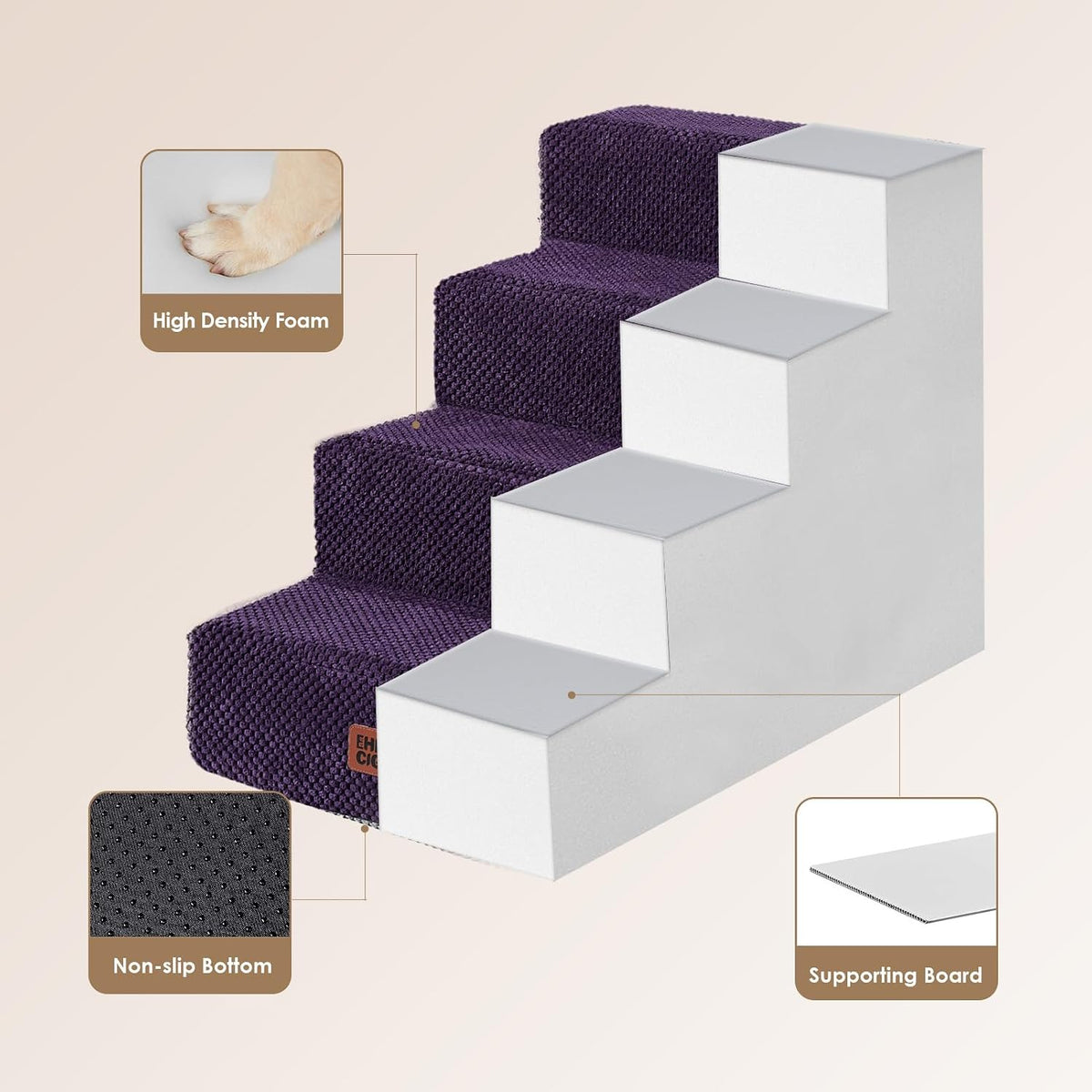 EHEYCIGA Dog Stairs for Bed 18" H, Dog 4-Steps for High Bed, Purple