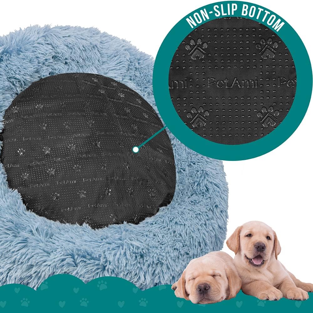 PetAmi Calming Donut Dog Bed, Washable Faux Fur, 30 Inch Medium, Blue