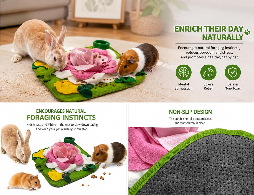 Rabbit Foraging Mat, Snuffle Mat for Small Animals Bunny Puzzle Toys Pets Interactive Feeding Mat for Hedgehog Chinchilla Puppies (Pink)