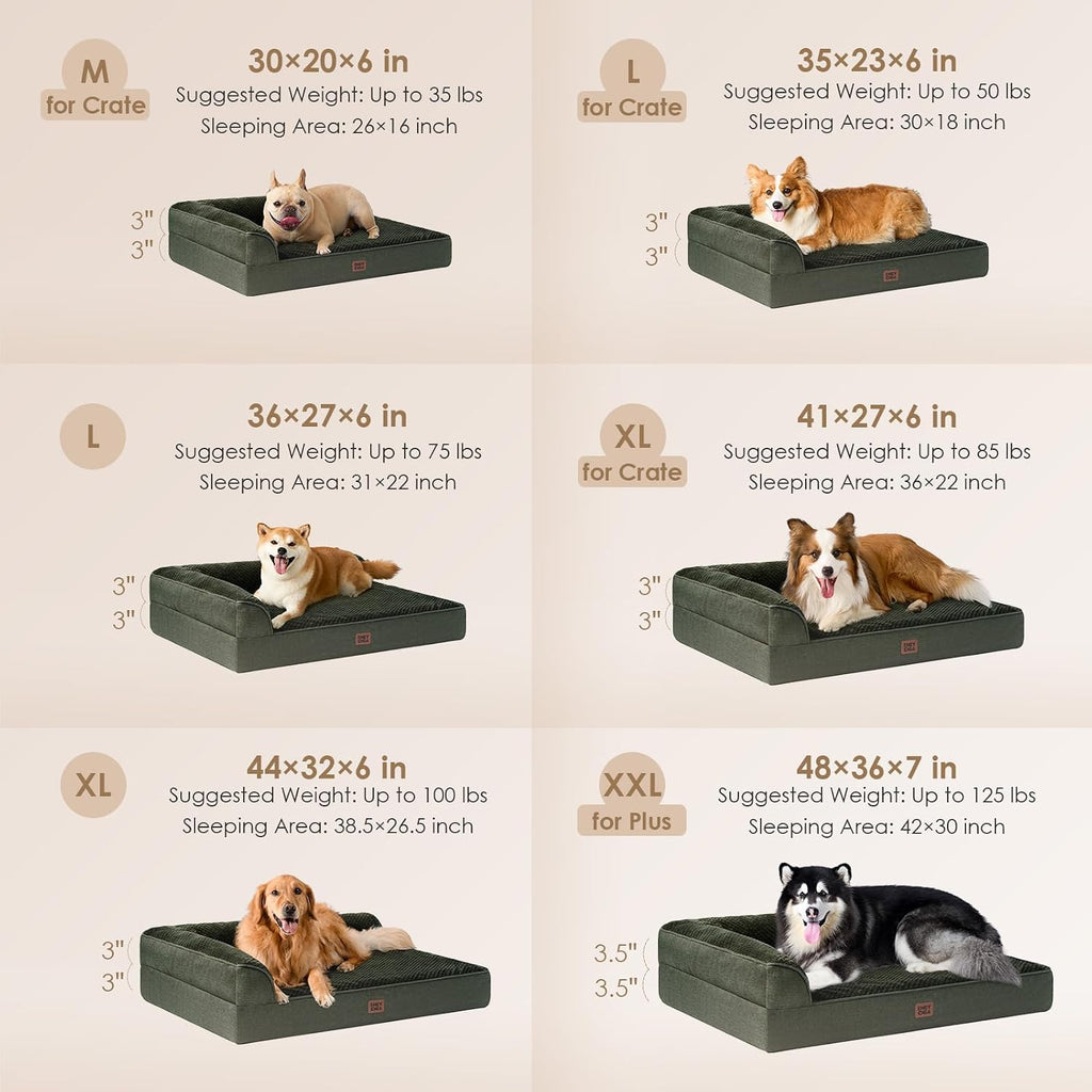 EHEYCIGA Large Dog Bed Memory Foam for Crate, Orthopedic Dog Bed Large Size Dogs with Washable Removable Cover, Waterproof Pet Sofa Couch with Nonskid Bottom, 35x22x6, Dark Green
