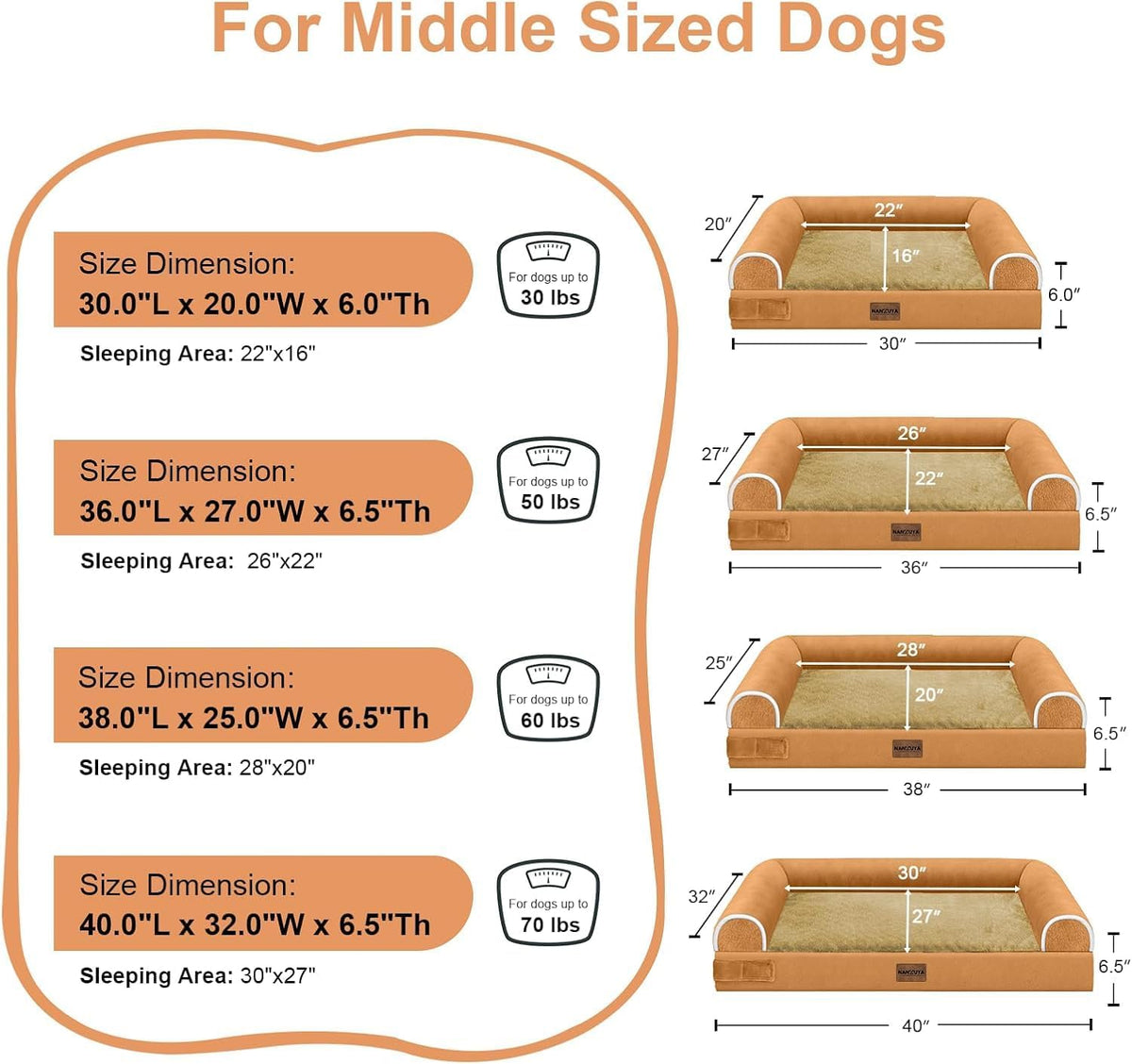 NANUYA Orthopedic Dog Bed for Large Dogs, 36 x 27 Inch, Orange