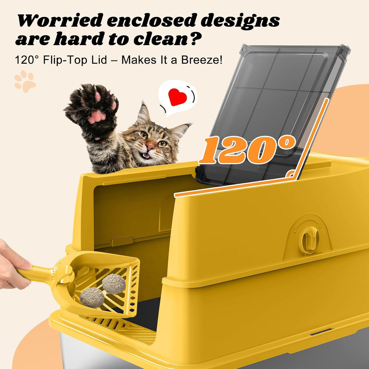 Stainless Steel Litter Box | Enclosed Cat Litter Box with Lid for Big Cats | High Sided Metal Litter Boxes | 100% Anti-Urine Leakage | Non-Stick with Litter Mat & Litter Scoop Set (Mustard Yellow)