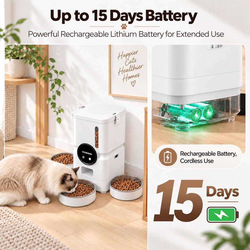 Automatic Cat Feeder for 3 Cats, 2.4GHz WiFi Slow Feed Dispenser,White