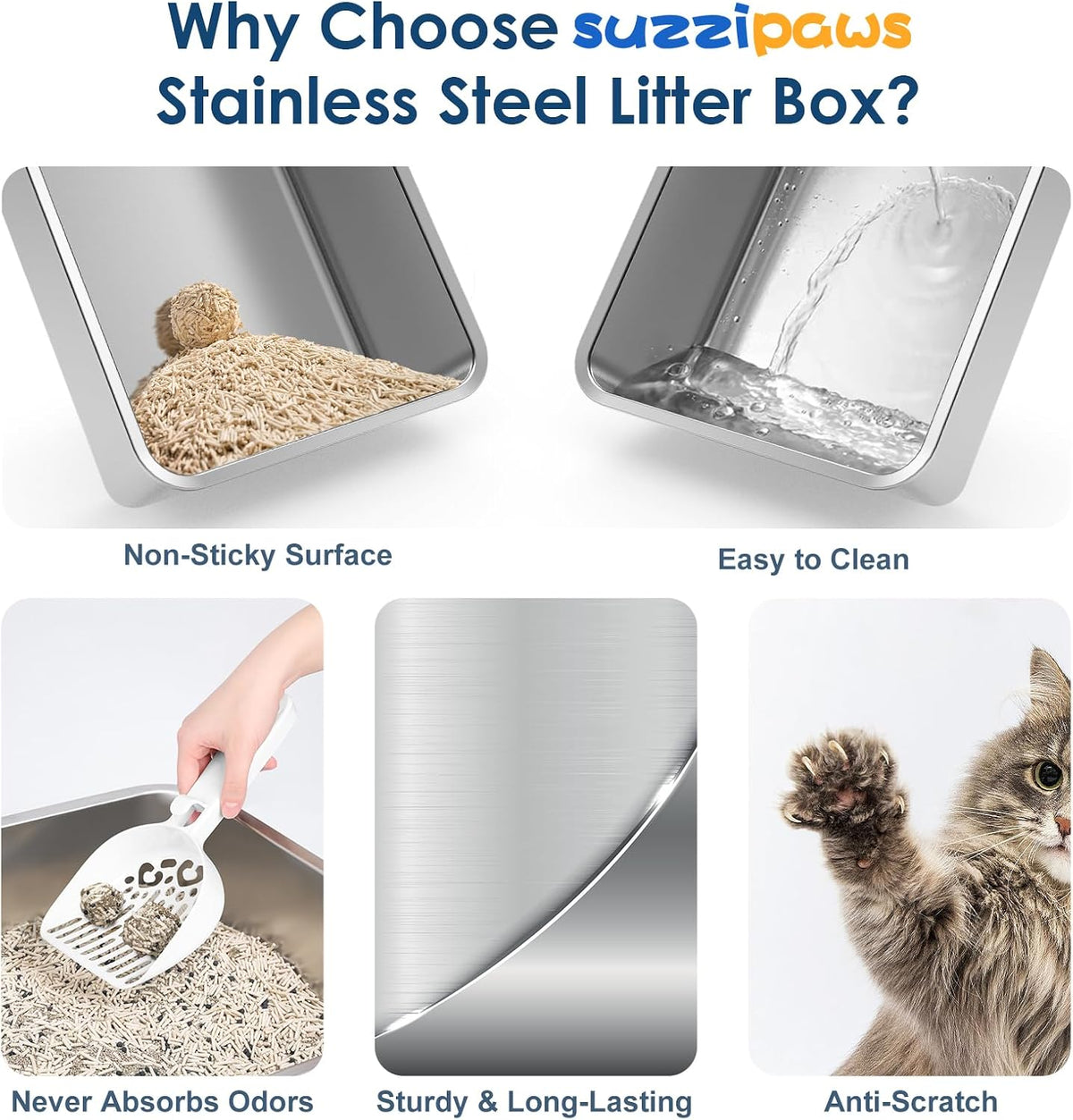 Suzzipaws XL 8" Deep Enclosed Stainless Steel Cat Litter Box for Big Cats | High-Side Anti-Leakage Stainless Steel Litter Box, Non-Sticky, Easy-Clean, Less Tracking for Multi-Cat Homes, Charcoal Gray