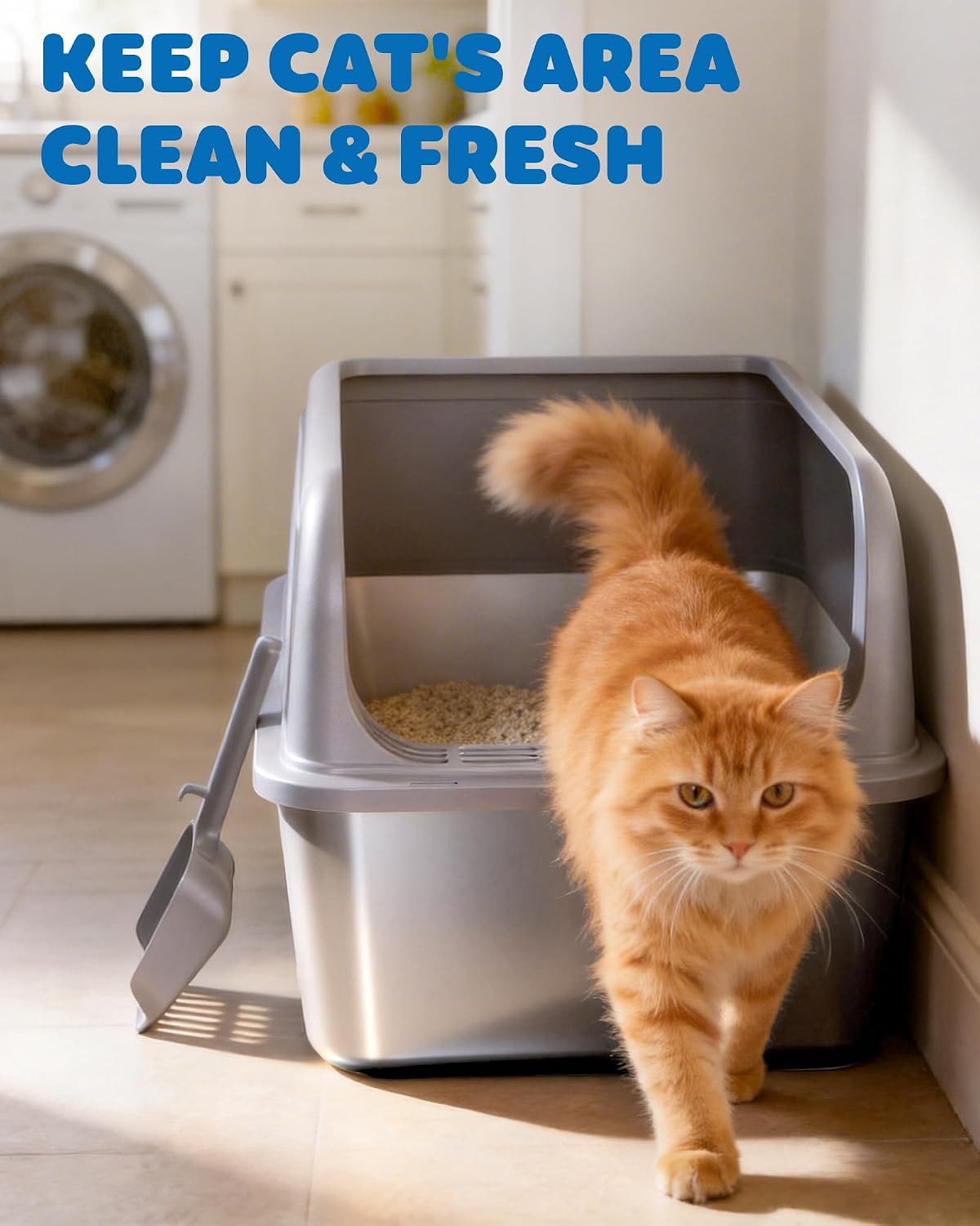 Powools Stainless Steel Cat Litter Box, High-Sided, Grey, XL (1 Pack) | Metal Litter Box with Scoop, Anti-Leakage Top Entry, Non-Sticky, Easy to Clean, 6-Inch Splash-Proof Deep Pan