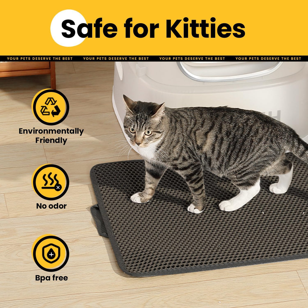 Cat Litter Mat-30"X24" Large Litter BoxTrapping Mat for Kitty EVA Honeycomb Double Layer Design, Urine & Waterproof with Handle Design Easier to Clean, Washable, Black