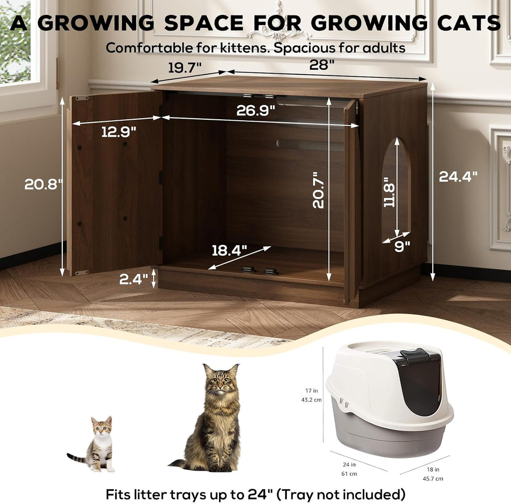 Cat Litter Box Enclosure, Modern Fluted Hidden Litter Box Furniture | 24.4" Tall Fits Most Litter Trays, Arched Fluted Door, Beveled Sides, 2.4" Reinforced Base, Rear Ventilation, Easy Assembly