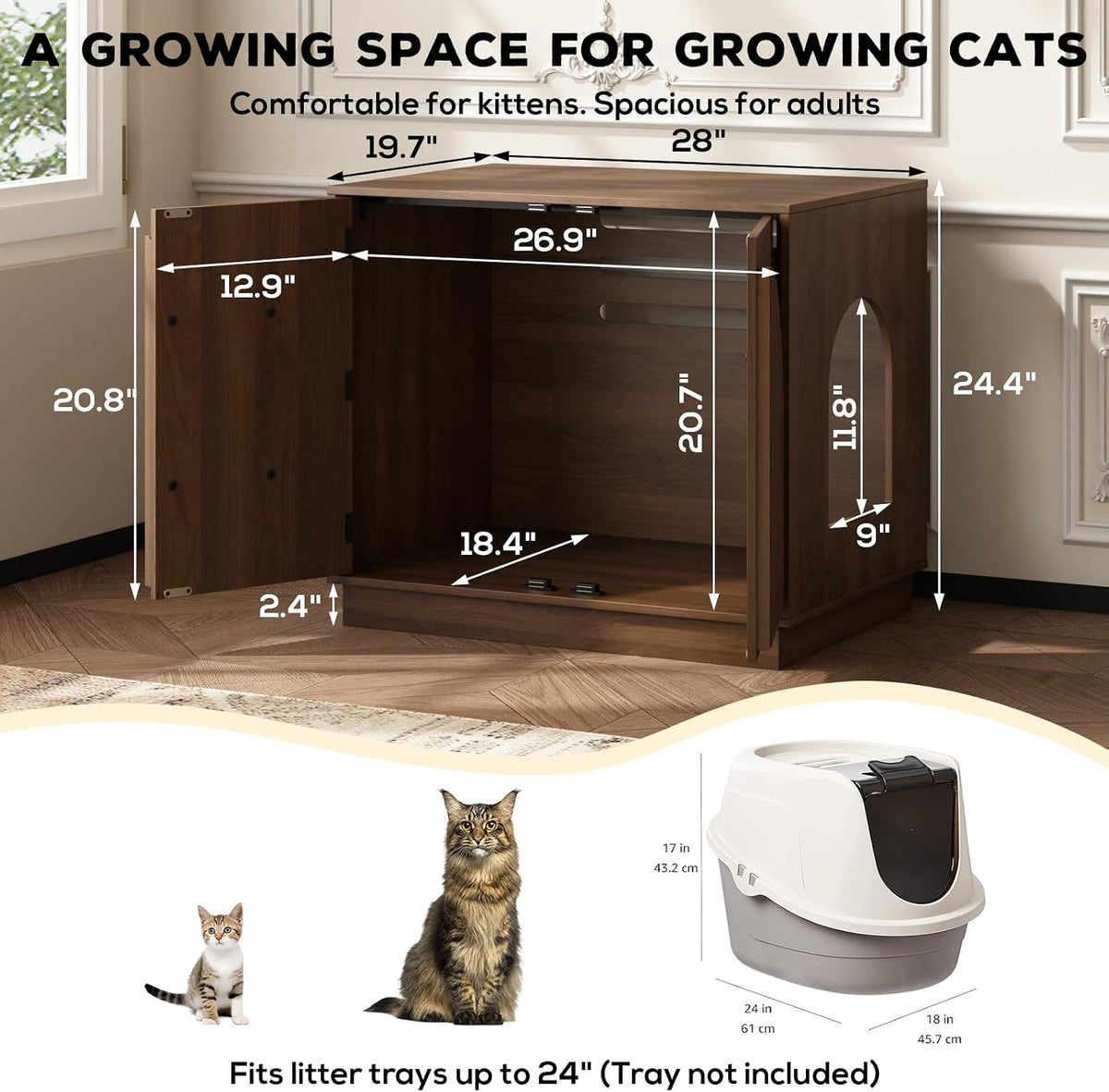 Cat Litter Box Enclosure, Modern Fluted Hidden Litter Box Furniture | 24.4" Tall Fits Most Litter Trays, Arched Fluted Door, Beveled Sides, 2.4" Reinforced Base, Rear Ventilation, Easy Assembly