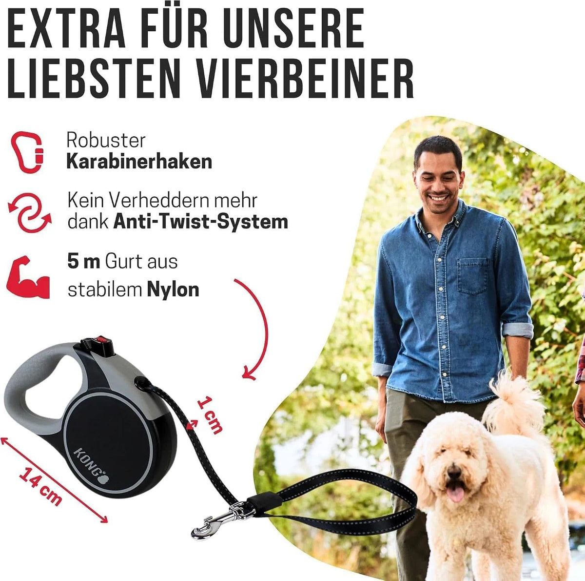 Alcott Kong Terrain Retractable Dog Leash, Medium, Grey, 16' Long.