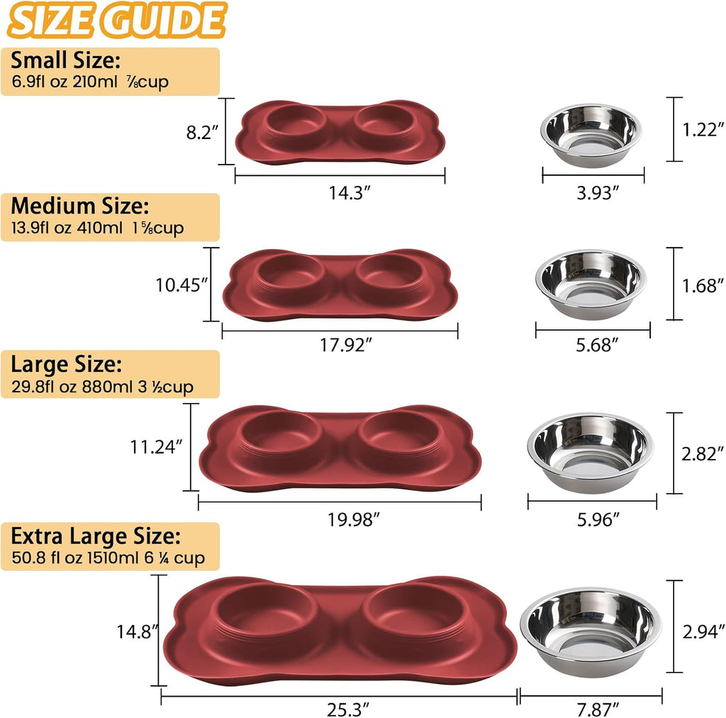 Hubulk Pet Dog Bowls 2 Stainless Steel Dog Bowl with No Spill Non-Skid Silicone Mat + Pet Food Scoop Water and Food Feeder Bowls for Feeding Small Medium Large Dogs Cats Puppies (Burgundy, Small) 