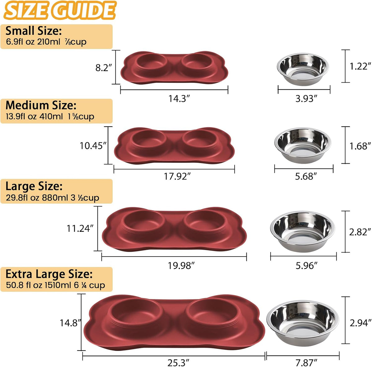 Hubulk Pet Dog Bowls 2 Stainless Steel Dog Bowl with No Spill Non-Skid Silicone Mat + Pet Food Scoop Water and Food Feeder Bowls for Feeding Small Medium Large Dogs Cats Puppies (Burgundy, Small) 