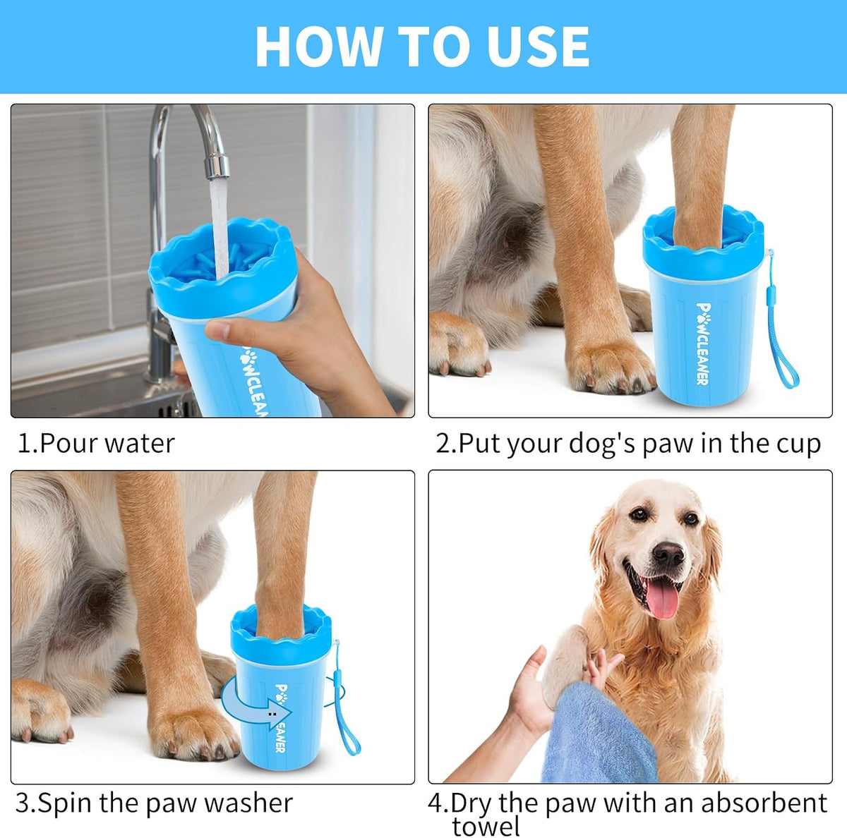 Professional 7 in 1 Dog Paw Cleaner for Dogs & Cats - Includes 1 Portable Paw Washer, 1 Bath Brush, 2 Dog Toothbrushes and 3 Absorbent Towels Note: Fits Paws 1.5 to 2.5 Inches Wide (Medium, Blue) 