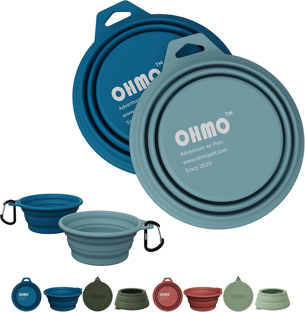 OHMO Collapsible Dog Bowls for Pet Travel, 12oz, 2pcs, Dark&Light Blue | Portable Water Bowl, Cat-Friendly, BPA-Free Silicone, Foldable Storage, Lightweight Carry, Hiking&Camping Gear, Easy-Clean