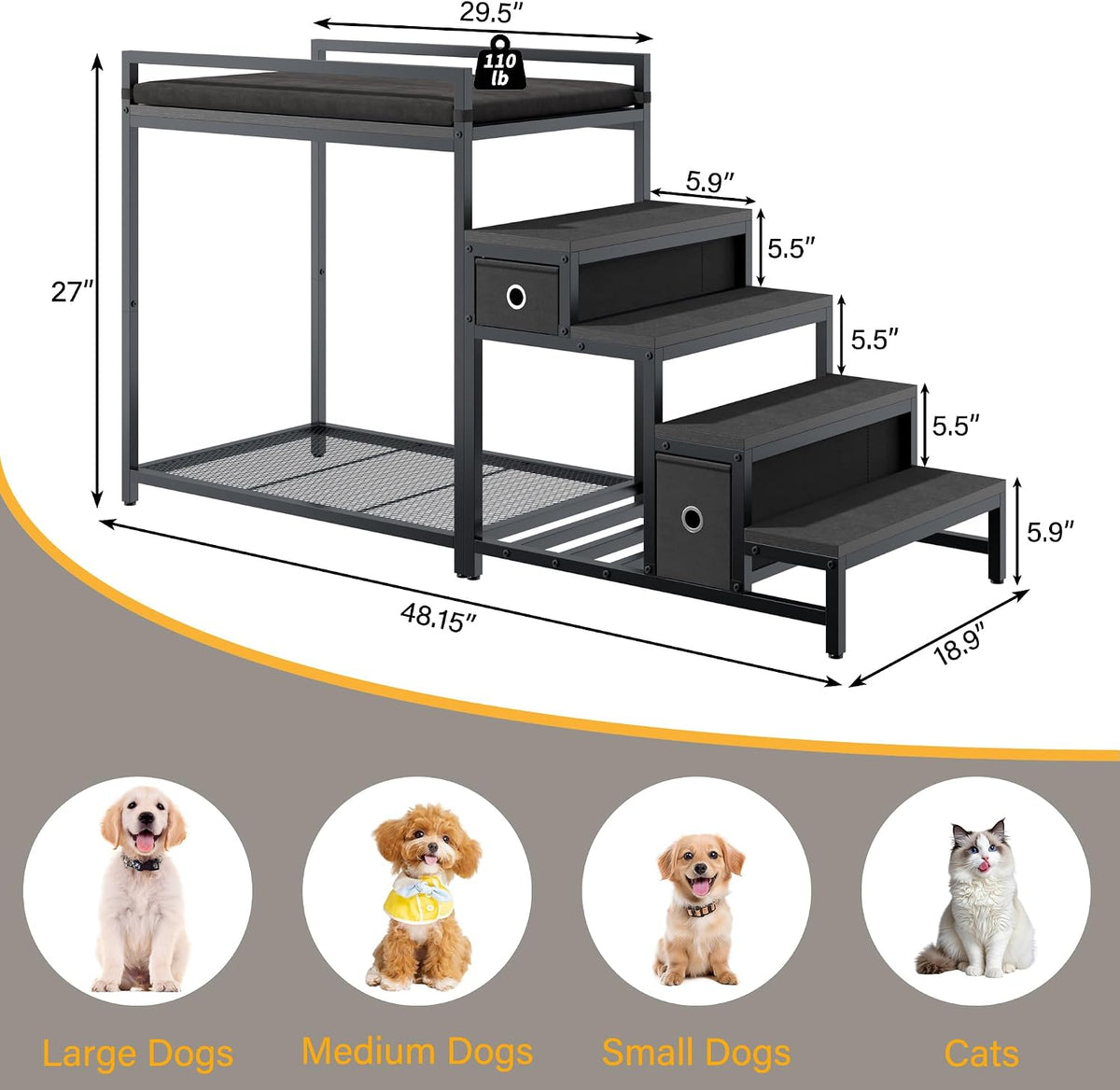 kepptory Pet Bunk Bed with Stairs and Storage, Dog Beds Attachment to Human Bed, Bedside Dogs Cot for Small, Medium Cats & Dogs, Pet Window Perch (Black)