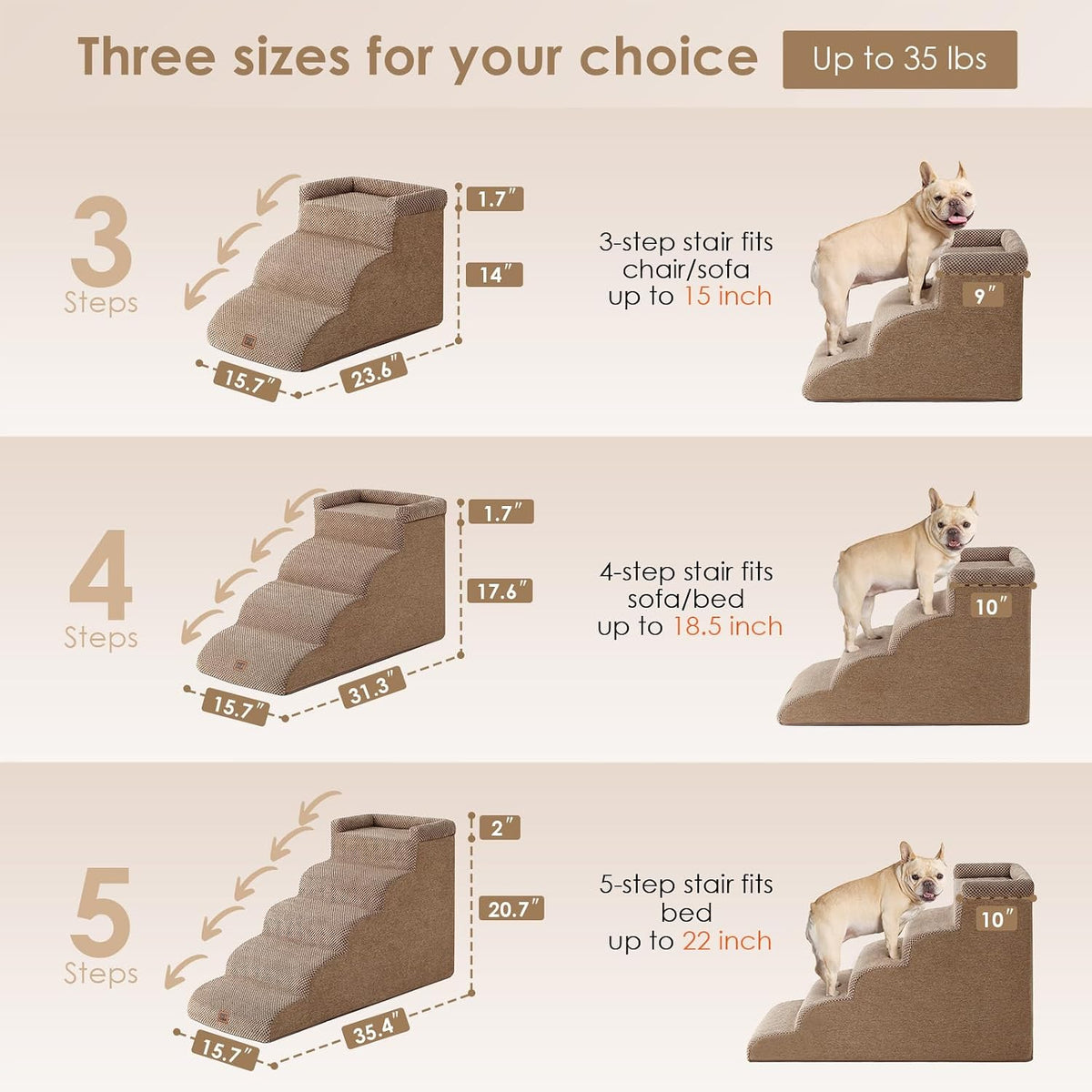 EHEYCIGA 3-Step Curved Dog Stairs for Small Dogs 14" H, Camel