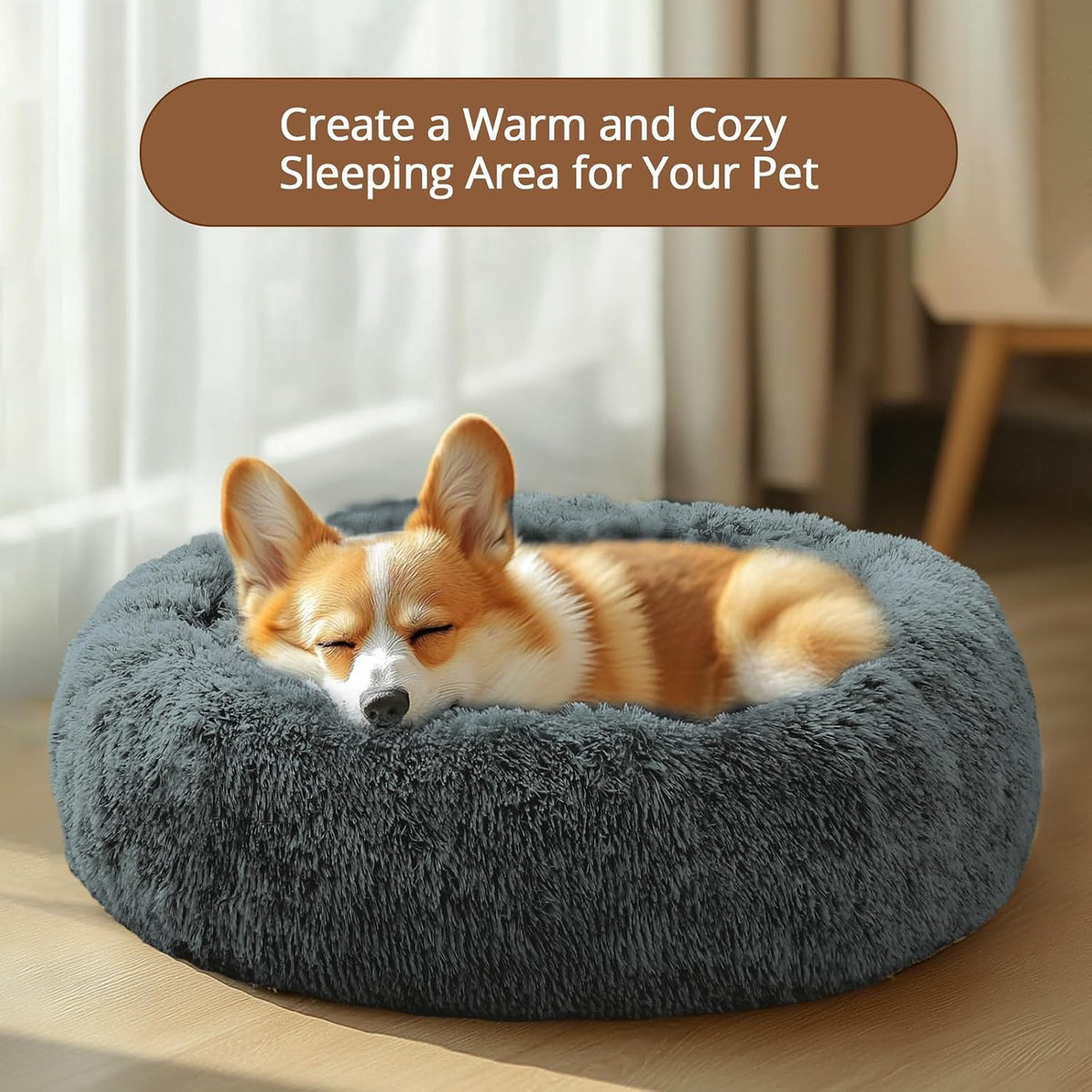 JOLLYVOGUE Calming Dog Beds Large Sized Dog, 36in Donut Washable Large Pet Bed, Anti-Slip & Anti-Anxiety Fluffy Faux Fur Round Dogs Bed, Fits up to 80 lbs Pets (Navy Grey)