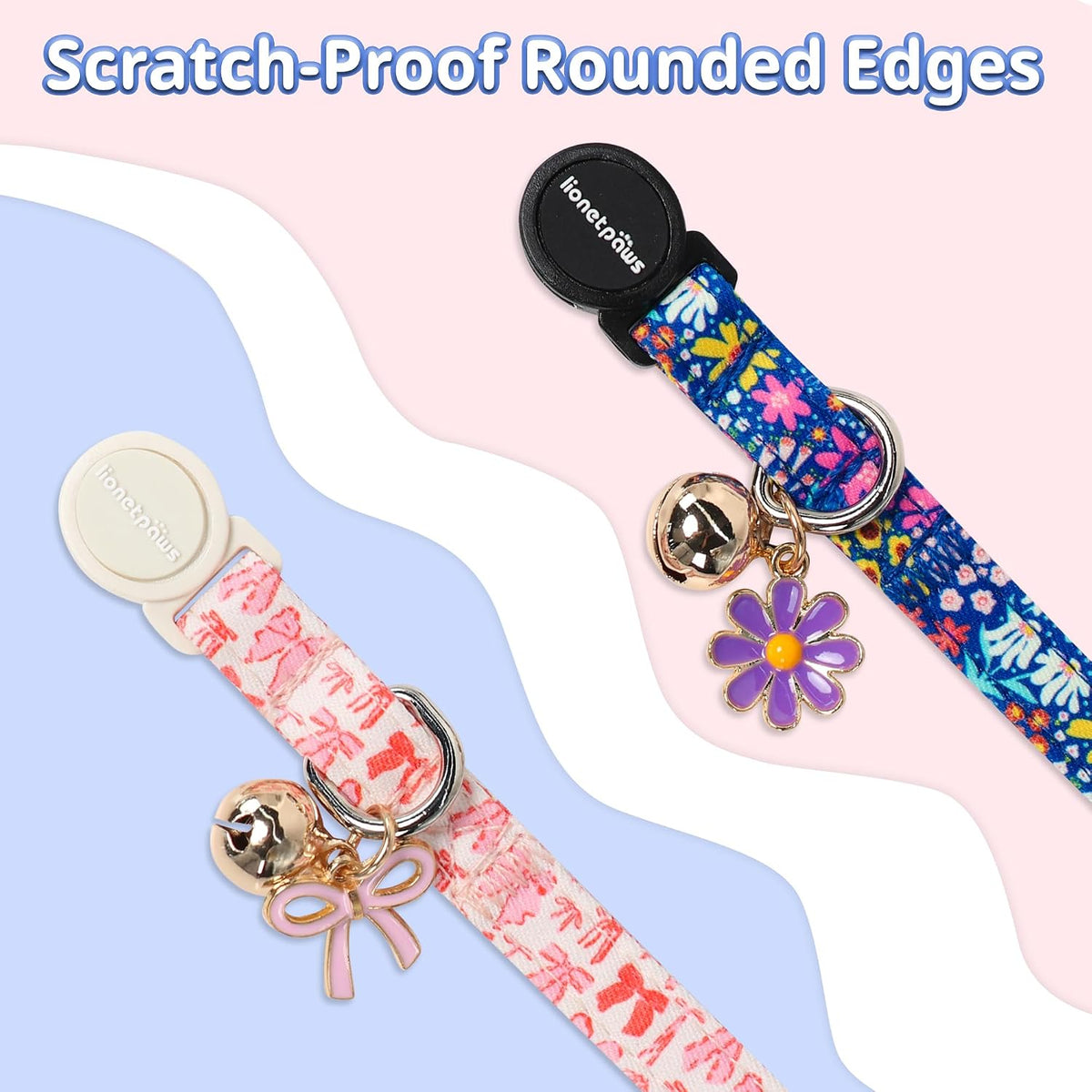 LIONET PAWS 2 Pack Breakaway Girl Cat Collars, Cute Soft Cotton Blue Floral & Pink White Bow Kitten Collars with Bell for Girly Female Cats