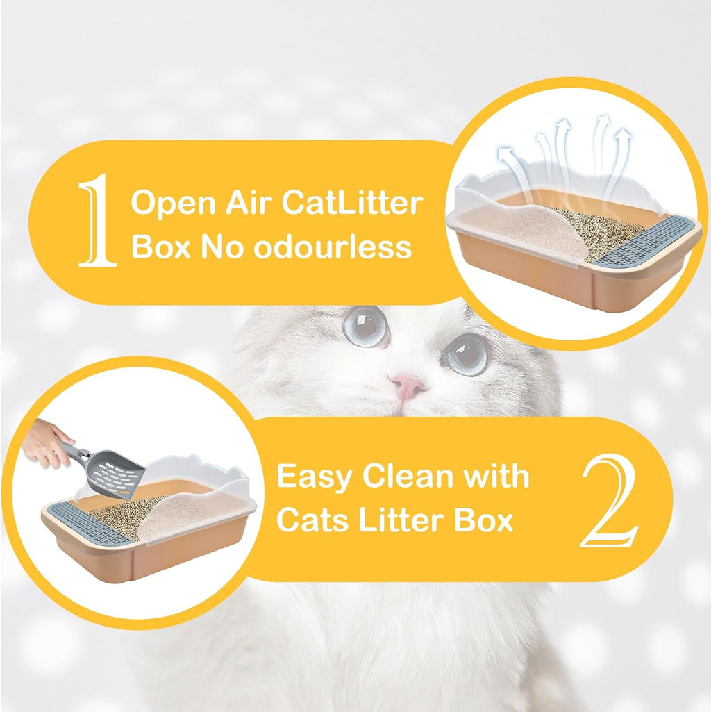 Open Cat Litter Box with High Side,Anti-Splashing Cats Litters Pan,Kitten Toilet with Litter Sifting Scoop,Semi-Enclosed Removable Kittens Litter for Boxes Easy to Clean No Odork(Khaki)