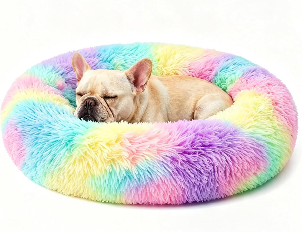 Calming Donut Dog Bed for Small Dogs, Anti-Anxiety Round Washable Plush Fluffy Faux Fur Large Cat Bed, 24 inches Fits up to 25 lbs Pets, Anti-Slip Waterproof Mute Base Rainbow
