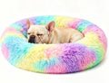 Calming Donut Dog Bed for Small Dogs, Anti-Anxiety Round Washable Plush Fluffy Faux Fur Large Cat Bed, 24 inches Fits up to 25 lbs Pets, Anti-Slip Waterproof Mute Base Rainbow
