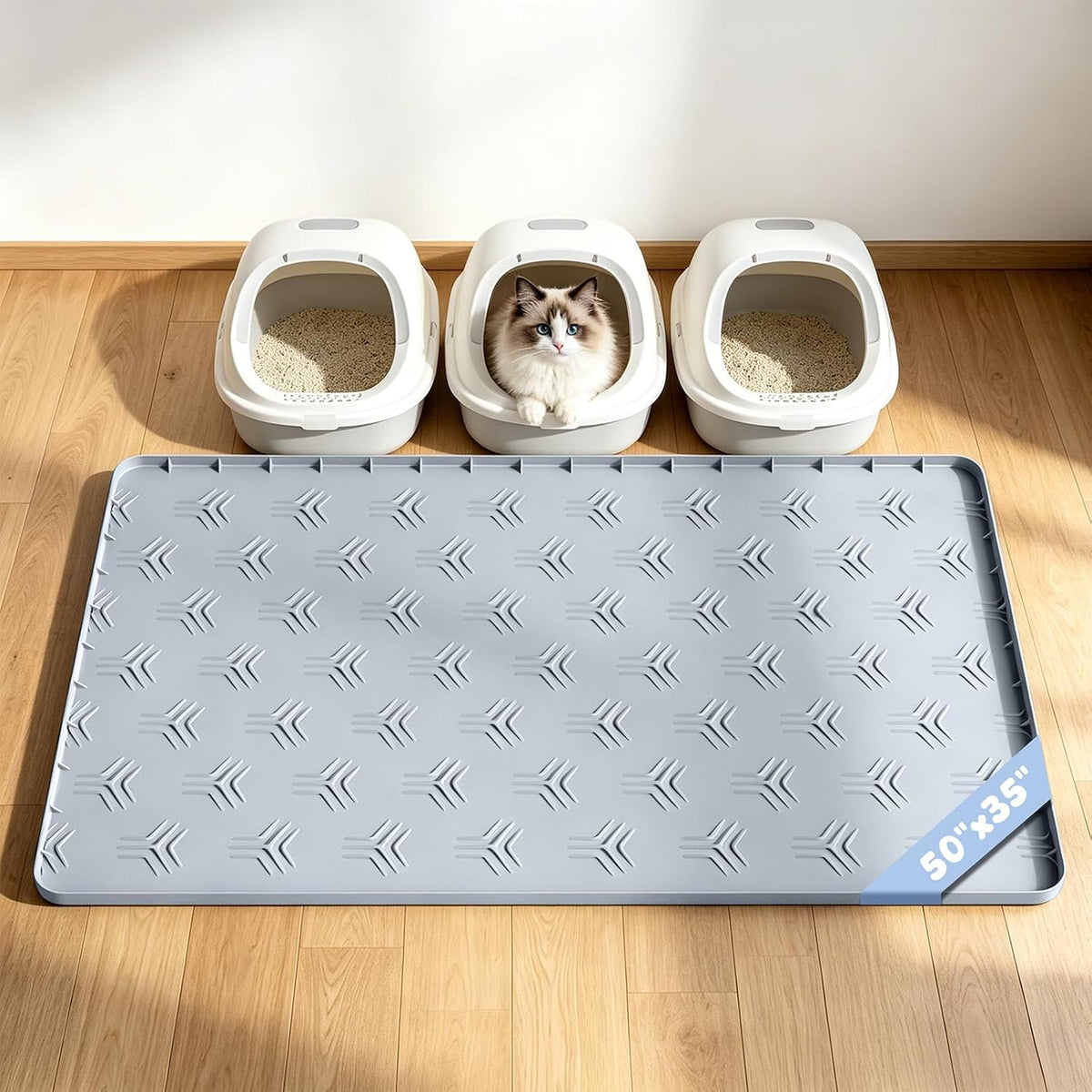 JUJOMAT Cat Litter Box Mat, 50"×35" Large Silicone Cat Litter Trapping Mat | Non-Slip Gray Kitty Litter Mat for Indoor Cats, Waterproof Pet Food Mats Easy to Clean & Soft on Kitty Paws