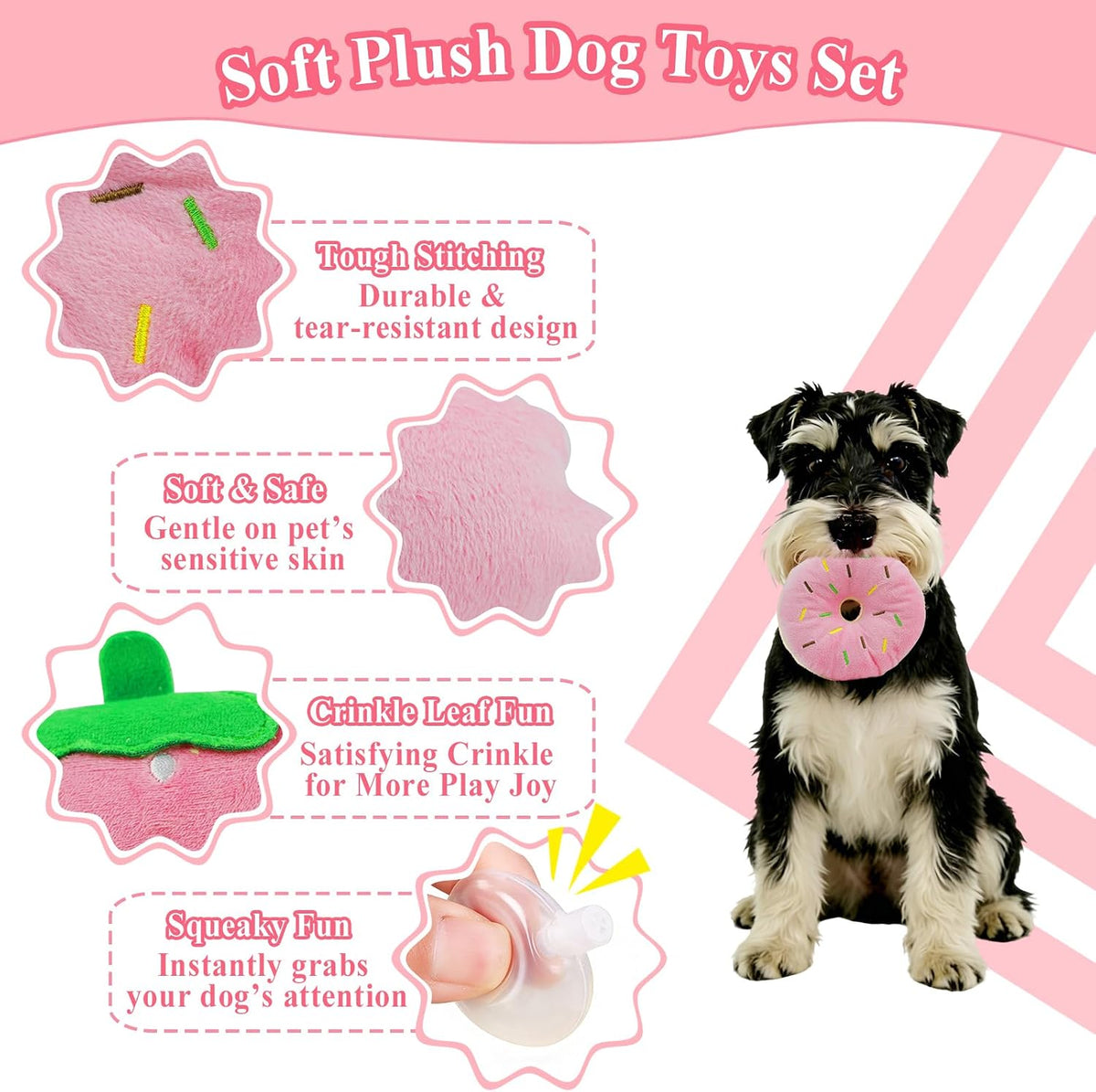 ASOCEA Small Dog Toys 5 Pack, Squeaky Plush Puppy Toys,Pink | Soft Cute Interactive Chew Teething Toys for Small Breed Dogs