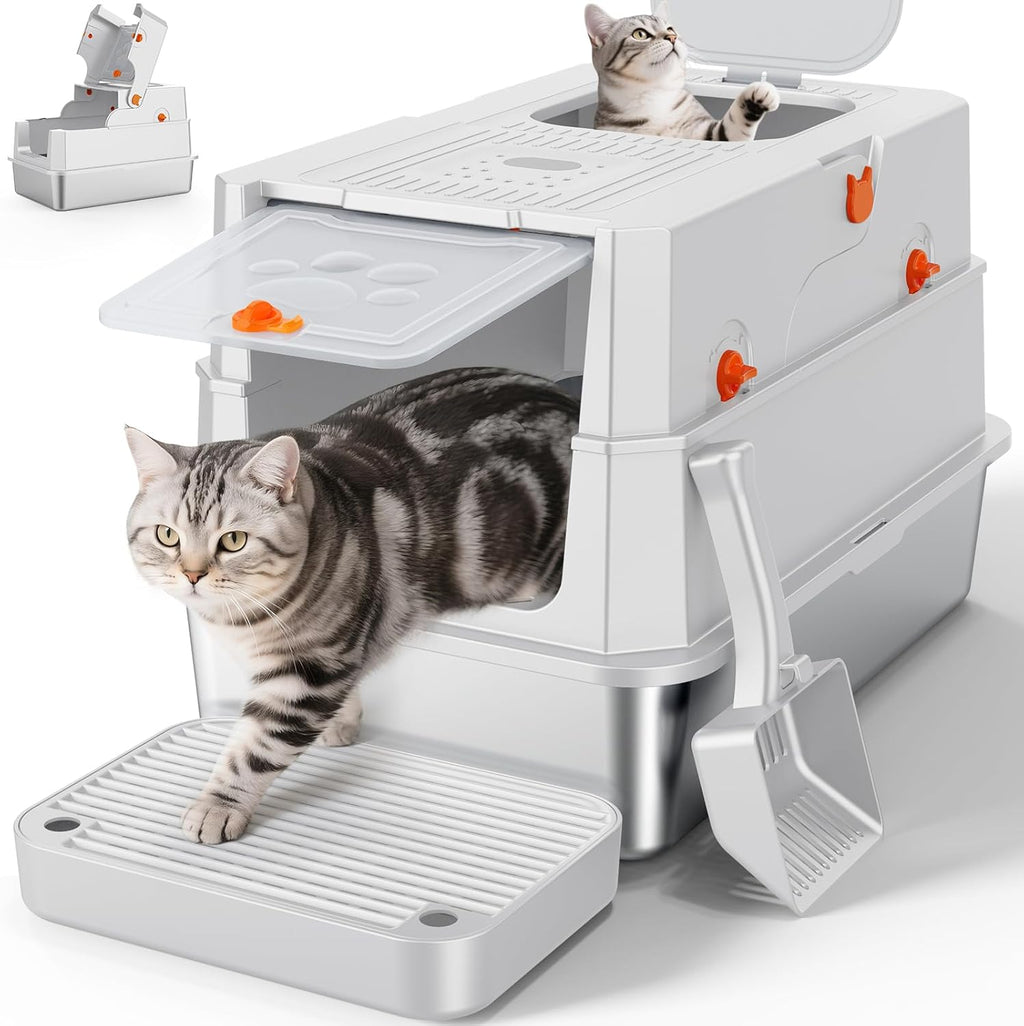 FURTIME Stainless Steel Litter Box with Lid, Enclosed Metal Cat Litter Box | XL Extra Large, Cat Box with High Sided Enclosure & Scoop, Big Cats, Front & Top Entry, Odor Free, Anti-Leakage, Silver