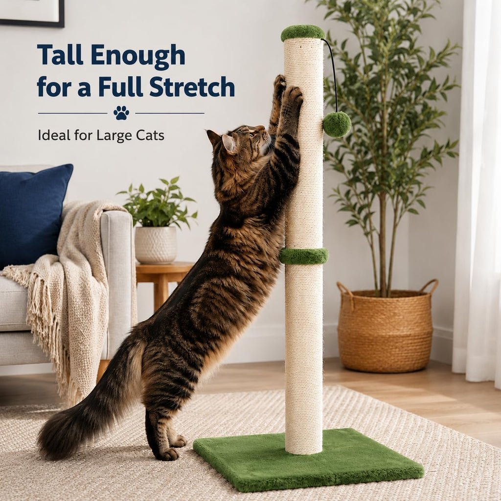 Dimaka Tall Cat Scratching Post, Claw Scratcher with Sisal Rope and Covered with Soft Smooth Plush, Vertical Scratch [Full Strectch] for Standard Size Cats (Green, 34 inches for Large Cats)