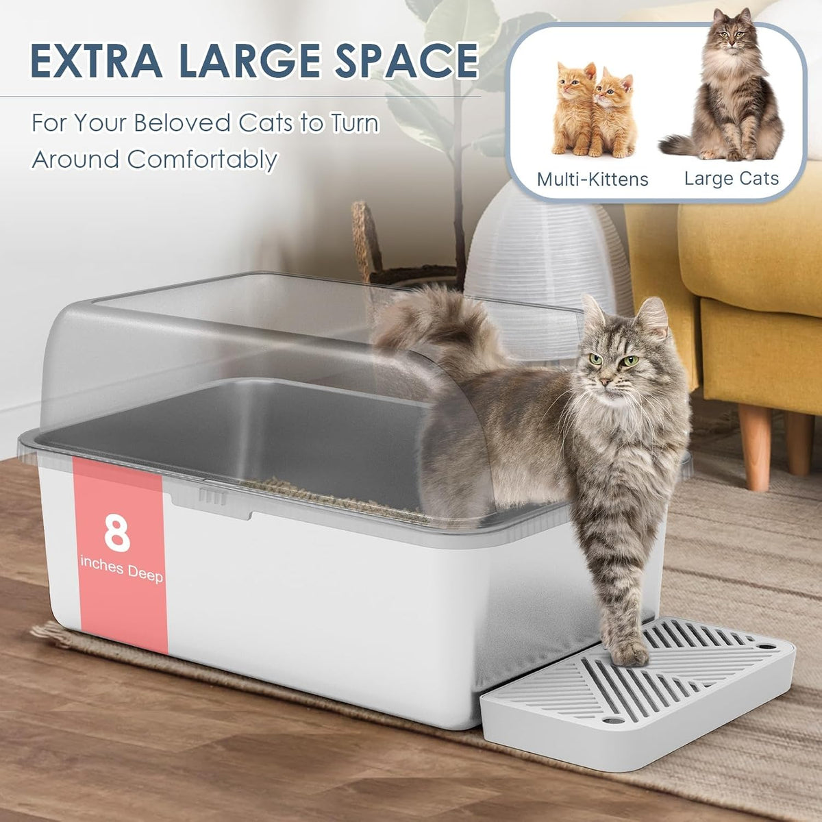 Suzzipaws 2 Pack 8" Deep Enclosed Stainless Steel Litter Box for Multi-Cats | Extra Large Litter Box with High-Sides, Non-Sticky, Easy-Clean, Less Litter Tracking for Big Cats & Multi-Cat Homes