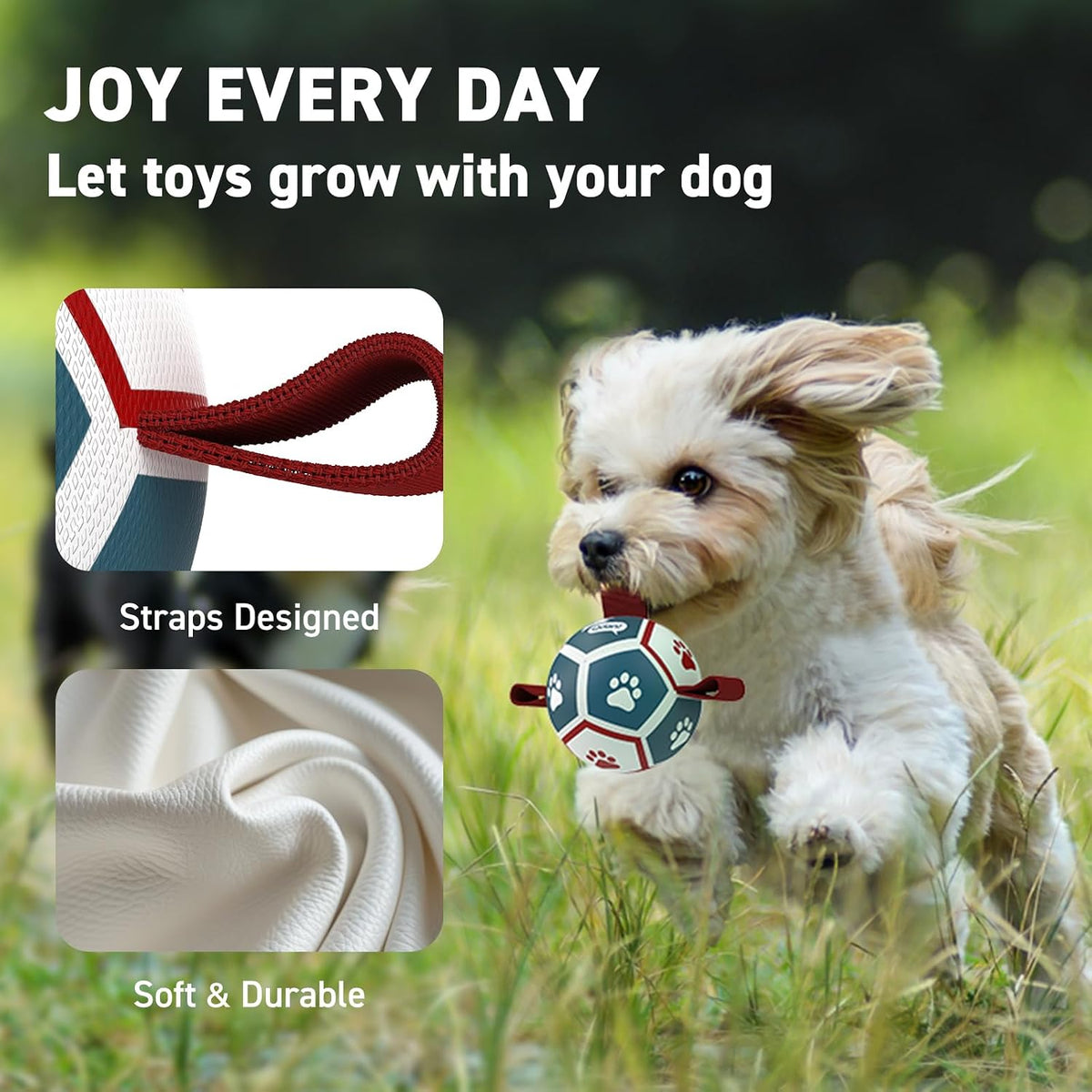 QDAN Small Dog Toys, Puppy Balls, Dog Balls with Straps for Small Breed | 3.5 Inch Small Soccer Ball for Dogs, Puppy Toys for 3-15 lbs Dogs, Dog Birthday Gift, Herding Ball for Small Dogs, Blue Red