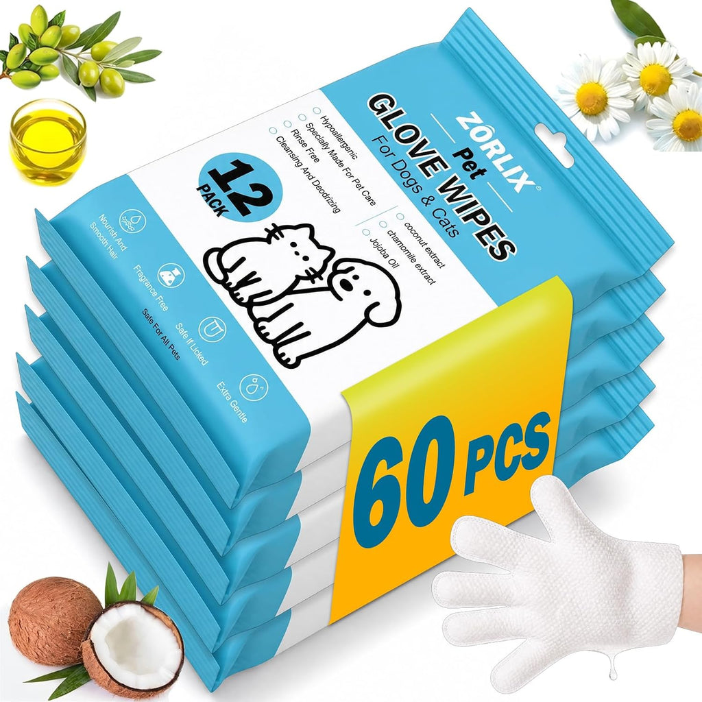 60Pcs Hypoallergenic Pet Glove Wipes for Dogs & Cats