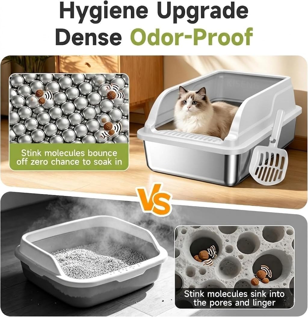 Stainless Steel Cat Litter Box, Large Odor-Free High-Sides | Low entry for easy access, suitable for senior & all cats, entry grid cleans paws, non-slip rounded edges, scoop included
