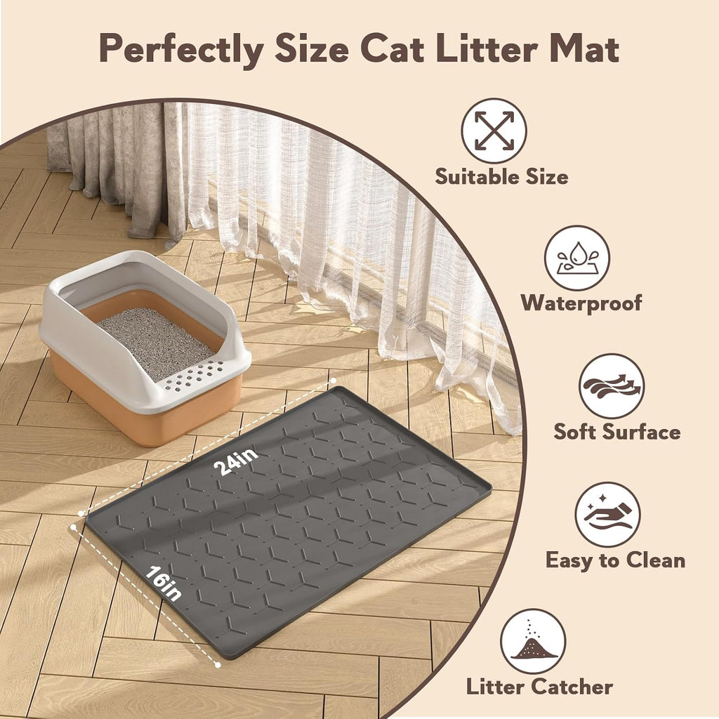Garoopion Silicone Cat Litter Mat 24×16 inch, Easy to Clean, Dark Gray | Waterproof Silicone Mat with Raised Edges, Catch Litter, Protect Floor from Urine, Multi-Use for Dog/Sink/Kitchen/Boots
